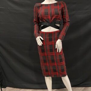 Bebe Red Plaid Long Sleeve Crop Top and Matching Skirt